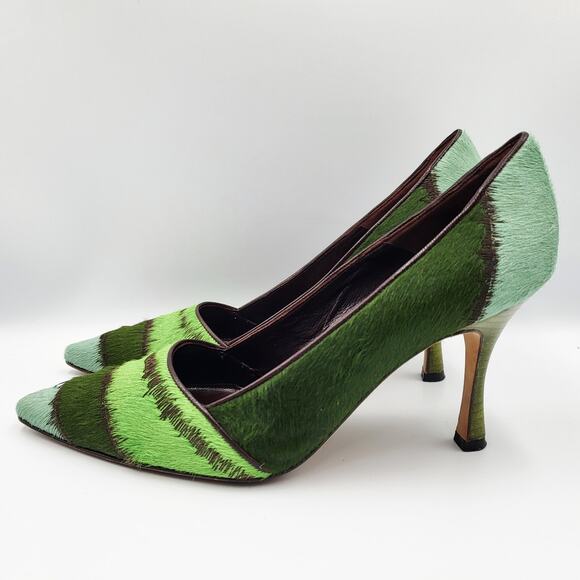 Manolo Blahnik Green Striped Pony Hair Pumps Brown Leather Trim Women's Sz 35.5 - Picture 3 of 11